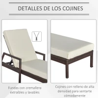 Outsunny Tumbona de Ratán de Jardín con Cojines Acolchados Respaldo Ajustable en 5 Posiciones 2 Ruedas y Tela Extraíble Lavable Carga 160 kg 67x196x96 cm Crema(m-6)