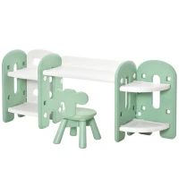 HOMCOM Juego de Mesa y Silla para Niños Pupitre Infantil 2 en 1 con 4 Estantes de Almacenaje para Libros Juguetes 150x35x62,5 cm Verde y Blanco(m-1)
