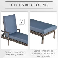 Outsunny Tumbona de Ratán de Jardín con Cojines Acolchados Respaldo Ajustable en 5 Posiciones 2 Ruedas y Tela Extraíble Lavable Carga 160 kg 196x67x96 cm Gris(m-6)
