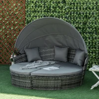 Outsunny Isla de Ratán Modular para Exterior 5 Piezas Tumbona Redonda con Toldo Plegable Cojines Extraíbles Lavables y 3 Almohadas Marco de Metal 175x180x147 cm Gris(m-10)