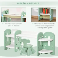 HOMCOM Juego de Mesa y Silla para Niños Pupitre Infantil 2 en 1 con 4 Estantes de Almacenaje para Libros Juguetes 150x35x62,5 cm Verde y Blanco(m-7)