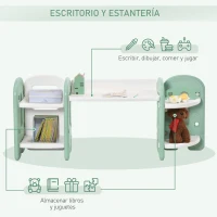 HOMCOM Juego de Mesa y Silla para Niños Pupitre Infantil 2 en 1 con 4 Estantes de Almacenaje para Libros Juguetes 150x35x62,5 cm Verde y Blanco(m-5)
