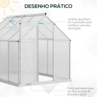 Outsunny Estufa de Jardim de Policarbonato e Alumínio Estufa de Exterior com Porta Corredeira e 2 Clarobóias para Cultivo de Plantas Sementes 190x253x199cm Transparente(m-5)