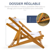 Outsunny Chilienne bois bain de soleil 2 places pliable chaise longue transat de jardin dossier réglable 3 positions 2 têtières rembourrées bois de peuplier tissu Oxford max. 200 Kg orange et crème(m-5)
