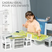 HOMCOM Ensemble table et chaises enfant - set de 3 pièces - table de jeux + 5 tiroirs non tissés - table étagère pour jouets 2 en 1 - plateau double face blanc ou circuit - 2 voitures incluses(m-4)