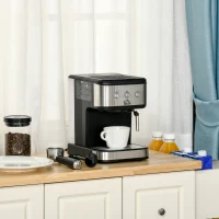 HOMCOM Machine à expresso - machine à café 850 W - 1 ou 2 tasses - pression 15 bars - réservoir d'eau 1,5 L - arrêt auto. - percolateur et buse vapeur - acier alu. brossé ABS noir(m-10)