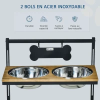 PawHut Gamelles chiens surélevées porte-gamelles chat surélevé 2 bols en acier inoxydable 4000 ml amovibles hauteur réglable jusqu'à 44 cm en bois dim. 58L x 32l x 50H cm noir chêne(m-4)