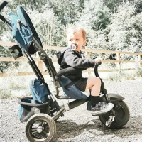 HOMCOM Triciclo per Bambini con Maniglione Tettuccio Deluxe Struttura Metallo 102 x 49 x 102cm Nero Blu(m-2)