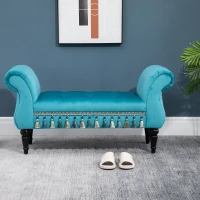 HOMCOM Bed End Bench, Vintage Bench Seat with Armrest and Button Tufted, Velvet Upholstered Footstool for Bedroom, Blue(m-10)