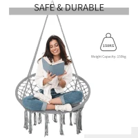 Outsunny Macrame Hanging Chair Swing Hammock for Indoor & Outdoor Use with Backrest, Cotton-Polyester Blend,Fringe Tassels,  Grey(m-4)