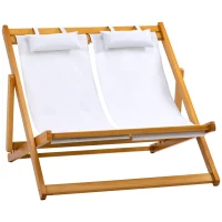 Outsunny Chilienne bois bain de soleil 2 places pliable chaise longue transat de jardin dossier réglable 3 positions 2 têtières rembourrées bois de peuplier tissu Oxford max. 200 Kg orange et crème(m-1)
