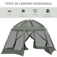 Outsunny Tente de camping randonnée hexagonale pour 6 à 8 personnes avec sac de transport et piquets de sol - dim. 490L x 490L x 243H cm fibre verre polyester - vert foncé(m-7)