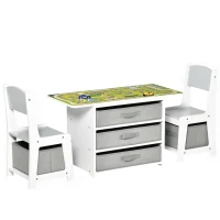 HOMCOM Ensemble table et chaises enfant - set de 3 pièces - table de jeux + 5 tiroirs non tissés - table étagère pour jouets 2 en 1 - plateau double face blanc ou circuit - 2 voitures incluses(m-1)