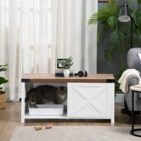 PawHut Casa para Gatos de Madeira Móvel Caixa de Areia para Gatos 2 em 1 com Porta Deslizante e Prateleira Interior 109x51x52cm Branco(m-2)