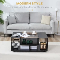 HOMCOM Modern Coffee Table with Tempered Glass Top, Cocktail Table with 3-Tier Storage Shelves for Living Room, Black(m-4)