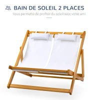 Outsunny Chilienne bois bain de soleil 2 places pliable chaise longue transat de jardin dossier réglable 3 positions 2 têtières rembourrées bois de peuplier tissu Oxford max. 200 Kg orange et crème(m-4)