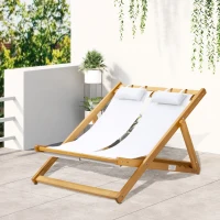 Outsunny Chilienne bois bain de soleil 2 places pliable chaise longue transat de jardin dossier réglable 3 positions 2 têtières rembourrées bois de peuplier tissu Oxford max. 200 Kg orange et crème(m-10)