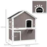 PawHut Katzenhaus Tannenholz Katzenhütte Katzenhöhle mit Plattform Katzenvilla Kleintierhaus für Katzen 2 Ebenen Indoor Outdoor Katzengehege wärmeisoliert wetterfest Grau 100 x 62,5 x 119 cm(m-3)