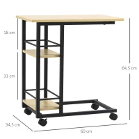 HOMCOM Mesa Auxiliar com Rodas Mesa Lateral em Forma de C para Sofá Cama com 2 Prateleiras e Freios Estilo Moderno 60x34,5x64,5cm Madeira(m-3)