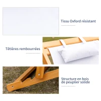 Outsunny Chilienne bois bain de soleil 2 places pliable chaise longue transat de jardin dossier réglable 3 positions 2 têtières rembourrées bois de peuplier tissu Oxford max. 200 Kg orange et crème(m-7)