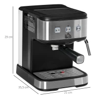 HOMCOM Machine à expresso - machine à café 850 W - 1 ou 2 tasses - pression 15 bars - réservoir d'eau 1,5 L - arrêt auto. - percolateur et buse vapeur - acier alu. brossé ABS noir(m-3)