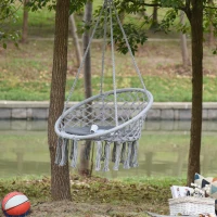 Outsunny Macrame Hanging Chair Swing Hammock for Indoor & Outdoor Use with Backrest, Cotton-Polyester Blend,Fringe Tassels,  Grey(m-8)