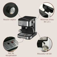 HOMCOM Machine à expresso - machine à café 850 W - 1 ou 2 tasses - pression 15 bars - réservoir d'eau 1,5 L - arrêt auto. - percolateur et buse vapeur - acier alu. brossé ABS noir(m-6)