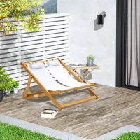 Outsunny Chilienne bois bain de soleil 2 places pliable chaise longue transat de jardin dossier réglable 3 positions 2 têtières rembourrées bois de peuplier tissu Oxford max. 200 Kg orange et crème(m-2)