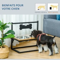 PawHut Gamelles chiens surélevées porte-gamelles chat surélevé 2 bols en acier inoxydable 4000 ml amovibles hauteur réglable jusqu'à 44 cm en bois dim. 58L x 32l x 50H cm noir chêne(m-5)
