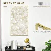 HOMCOM Decorazione Murale 3D Rettangolare in Metallo, Wall Art Dorata con Cornice e Foglie di Ginkgo, 50x85cm(m-5)