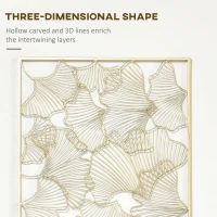 HOMCOM Decorazione Murale 3D Rettangolare in Metallo, Wall Art Dorata con Cornice e Foglie di Ginkgo, 50x85cm(m-4)