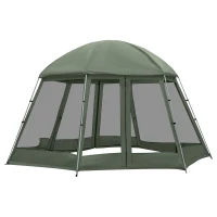 Outsunny Tente de camping randonnée hexagonale pour 6 à 8 personnes avec sac de transport et piquets de sol - dim. 490L x 490L x 243H cm fibre verre polyester - vert foncé(m-1)