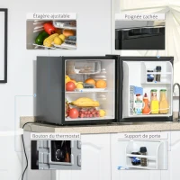 HOMCOM Mini réfrigérateur frigo compact de 46 L avec congélateur 4,5L température réglable 0 à 10°c, étagères amovibles et porte réversible 44,5 x 46,5 x 49,8 cm noir(m-5)