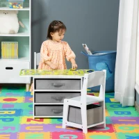 HOMCOM Ensemble table et chaises enfant - set de 3 pièces - table de jeux + 5 tiroirs non tissés - table étagère pour jouets 2 en 1 - plateau double face blanc ou circuit - 2 voitures incluses(m-2)