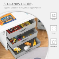 HOMCOM Ensemble table et chaises enfant - set de 3 pièces - table de jeux + 5 tiroirs non tissés - table étagère pour jouets 2 en 1 - plateau double face blanc ou circuit - 2 voitures incluses(m-6)