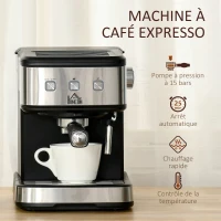 HOMCOM Machine à expresso - machine à café 850 W - 1 ou 2 tasses - pression 15 bars - réservoir d'eau 1,5 L - arrêt auto. - percolateur et buse vapeur - acier alu. brossé ABS noir(m-4)