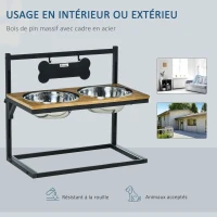 PawHut Gamelles chiens surélevées porte-gamelles chat surélevé 2 bols en acier inoxydable 4000 ml amovibles hauteur réglable jusqu'à 44 cm en bois dim. 58L x 32l x 50H cm noir chêne(m-6)