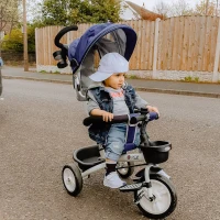 Homcom Triciclo Passeggino per Bambini con Maniglione Tetto Parapioggia Regolabile e Cestino, Blu(m-4)