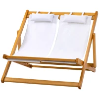 Outsunny Chilienne bois bain de soleil 2 places pliable chaise longue transat de jardin dossier réglable 3 positions 2 têtières rembourrées bois de peuplier tissu Oxford max. 200 Kg orange et crème(m-11)