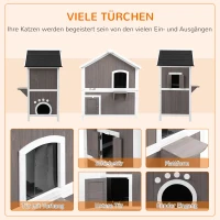PawHut Katzenhaus Tannenholz Katzenhütte Katzenhöhle mit Plattform Katzenvilla Kleintierhaus für Katzen 2 Ebenen Indoor Outdoor Katzengehege wärmeisoliert wetterfest Grau 100 x 62,5 x 119 cm(m-4)