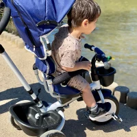 Homcom Triciclo Passeggino per Bambini con Maniglione Tetto Parapioggia Regolabile e Cestino, Blu(m-13)