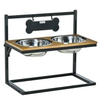 PawHut Gamelles chiens surélevées porte-gamelles chat surélevé 2 bols en acier inoxydable 4000 ml amovibles hauteur réglable jusqu'à 44 cm en bois dim. 58L x 32l x 50H cm noir chêne(m-1)