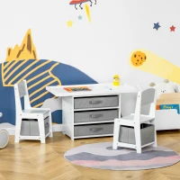 HOMCOM Ensemble table et chaises enfant - set de 3 pièces - table de jeux + 5 tiroirs non tissés - table étagère pour jouets 2 en 1 - plateau double face blanc ou circuit - 2 voitures incluses(m-10)