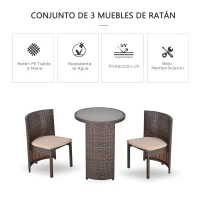 Outsunny Conjunto de Muebles Ratán de Jardín 3 Piezas con 1 Mesa de Café y 2 Sillas con Cojines para Terraza Exterior Fácil Almacenaje Acero Marrón(m-5)