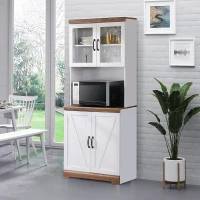 HOMCOM Armário de Cozinha com 2 Portas de Vidro Prateleiras Ajustáveis Bancada e Sistema Anti-Tombo 72x40x178cm Branco e Madeira(m-2)
