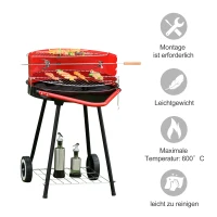 Outsunny grill węglowy okrągły grill na kółkach z półką BBQ metal czerwony(m-4)