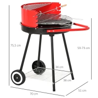 Outsunny grill węglowy okrągły grill na kółkach z półką BBQ metal czerwony(m-3)