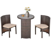 Outsunny Conjunto de Muebles Ratán de Jardín 3 Piezas con 1 Mesa de Café y 2 Sillas con Cojines para Terraza Exterior Fácil Almacenaje Acero Marrón(m-11)