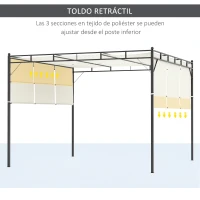Outsunny Pérgola 3x3 m Cenador de Jardín con Techo Retráctil Tela de Poliéster y Tubo de Acero para Patio Terraza Exterior Blanco(m-4)