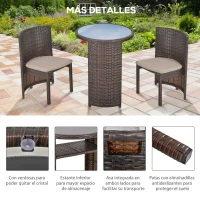 Outsunny Conjunto de Muebles Ratán de Jardín 3 Piezas con 1 Mesa de Café y 2 Sillas con Cojines para Terraza Exterior Fácil Almacenaje Acero Marrón(m-7)